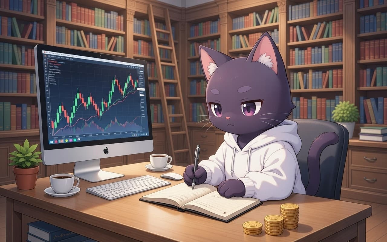 An illustrated cat trading at a desk